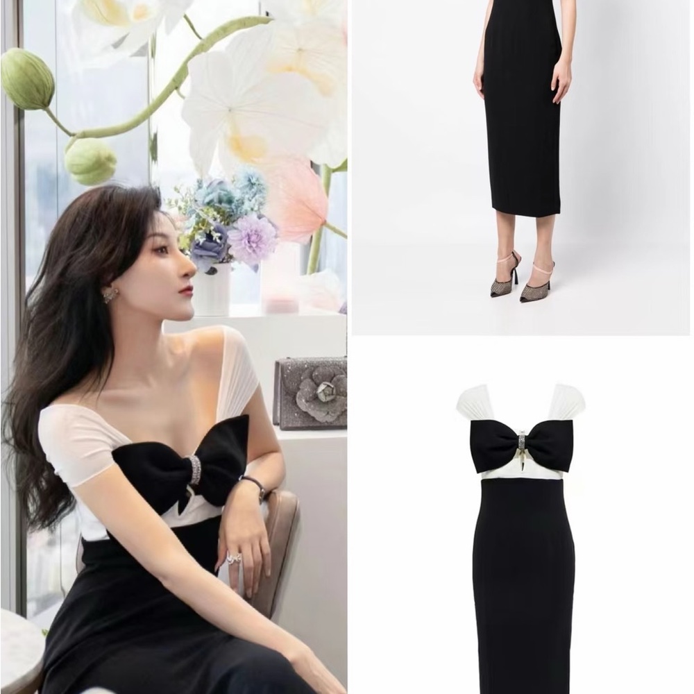 Self-Portrait Black and White Midi Dress with Bow